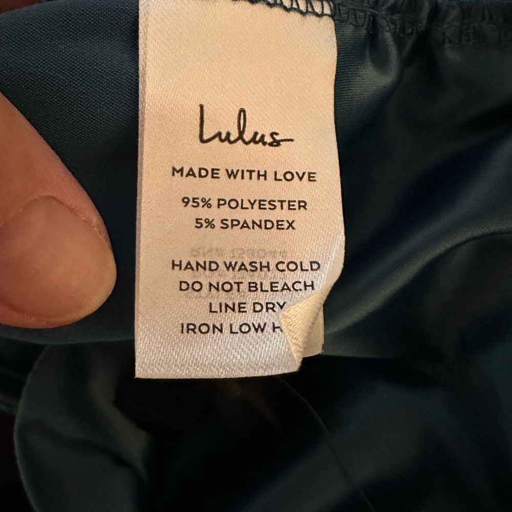 Lulu's Satin Blouse in Deep Teal with Long Sleeves and Open Back and Bow Tie - Picture 9 of 12